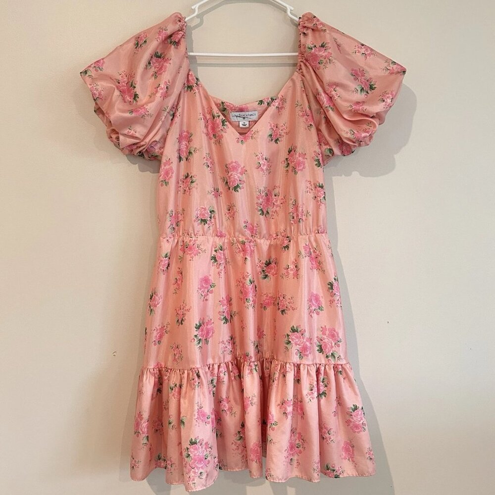 Love Shack Fancy Dress Sz 12 PInk Floral Soft Girl Short Balloon Sleeve Tiered
